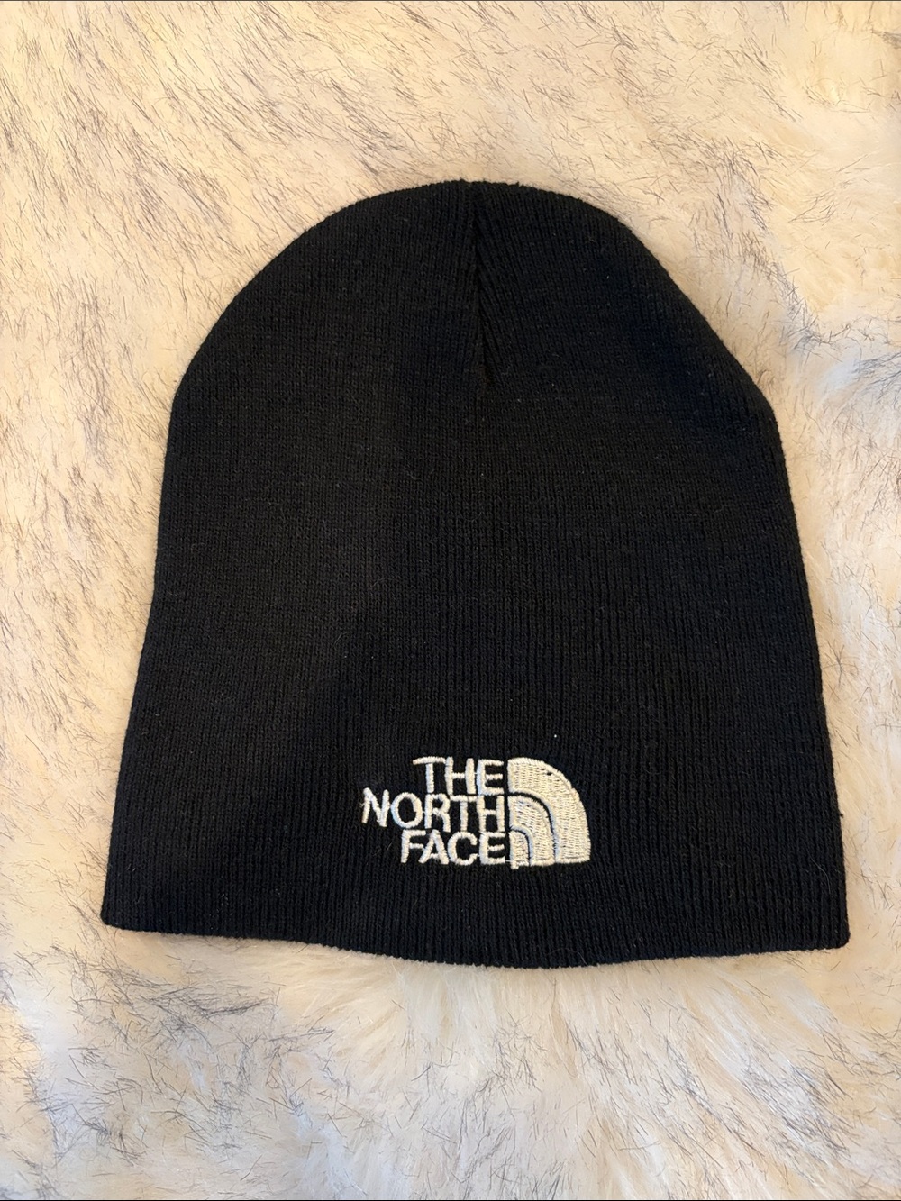 The North Face Black Knit Beanie with White Logo Embroidery